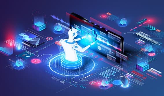 Illustrative image for the article "Hyperautomation at Scale." A white robot in a blue setting, resembling an electronic system, is working on a system. Red and light blue details are featured throughout the setting.
